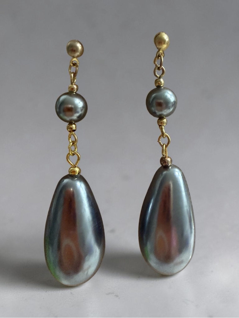 Gold Drop Earrings with Gray Pearl Teardrops
